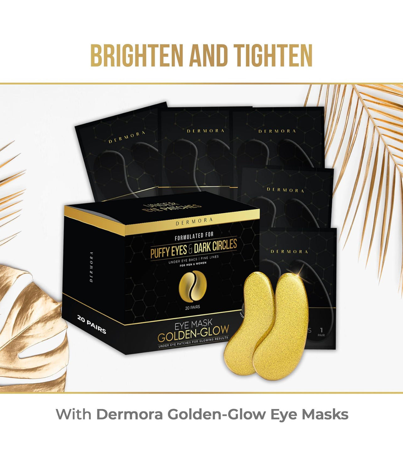 DERMORA Golden Glow Under Eye Patches - Rejuvenating Treatment for Dark Circles, Puffy Eyes, Refreshing, Revitalizing, Travel, Wrinkles