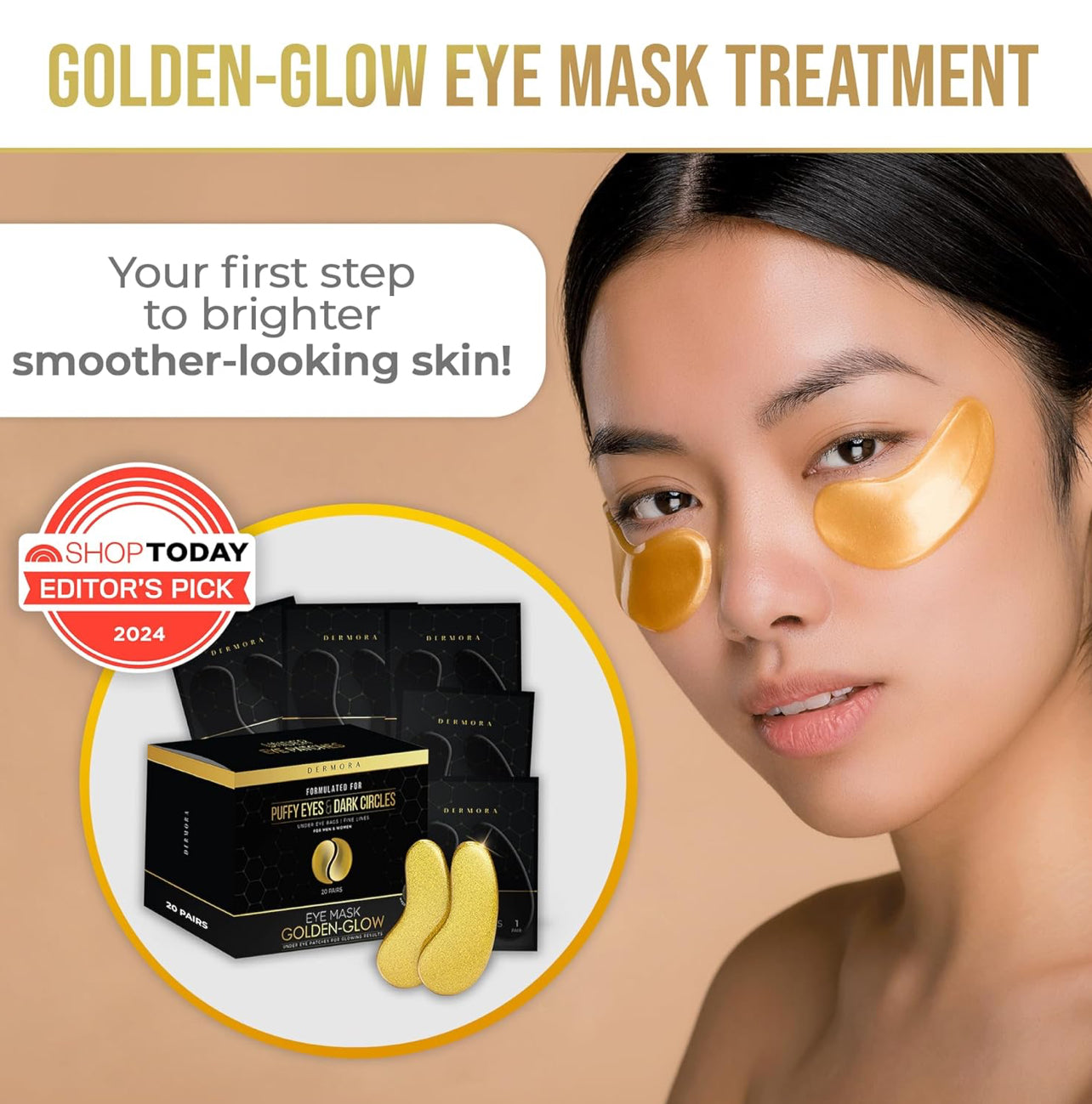 DERMORA Golden Glow Under Eye Patches - Rejuvenating Treatment for Dark Circles, Puffy Eyes, Refreshing, Revitalizing, Travel, Wrinkles