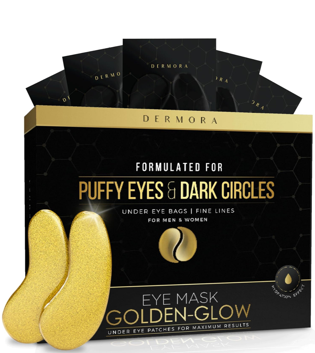 DERMORA Golden Glow Under Eye Patches - Rejuvenating Treatment for Dark Circles, Puffy Eyes, Refreshing, Revitalizing, Travel, Wrinkles