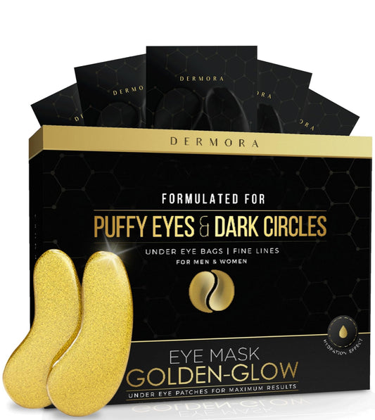 DERMORA Golden Glow Under Eye Patches - Rejuvenating Treatment for Dark Circles, Puffy Eyes, Refreshing, Revitalizing, Travel, Wrinkles